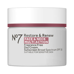 No7 Restore & Renew SPF30 Day Cream tube closeup showing smooth texture for daily use.
