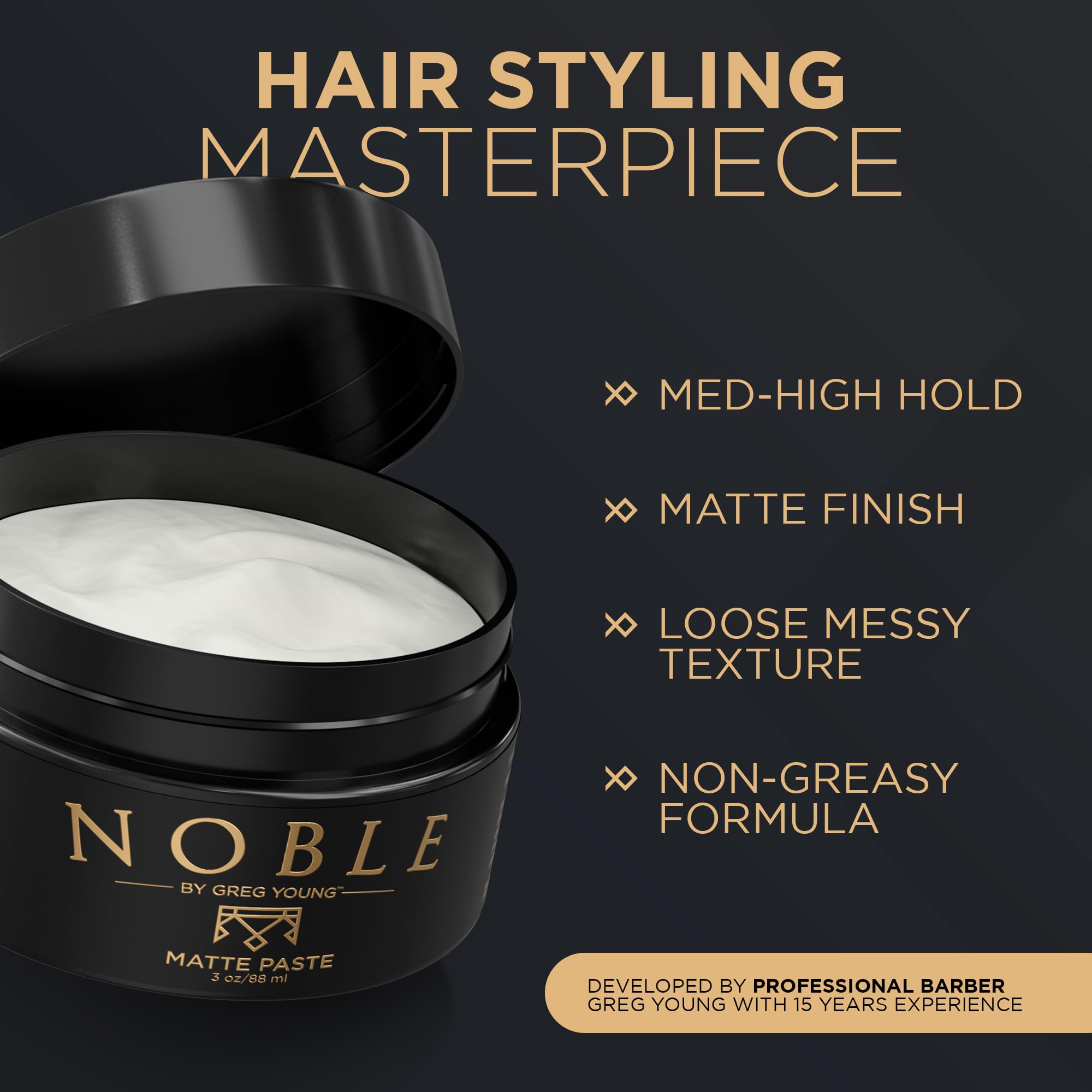 Noble By Greg Young hair paste application in hands highlights heat-pliable texture for quick styling