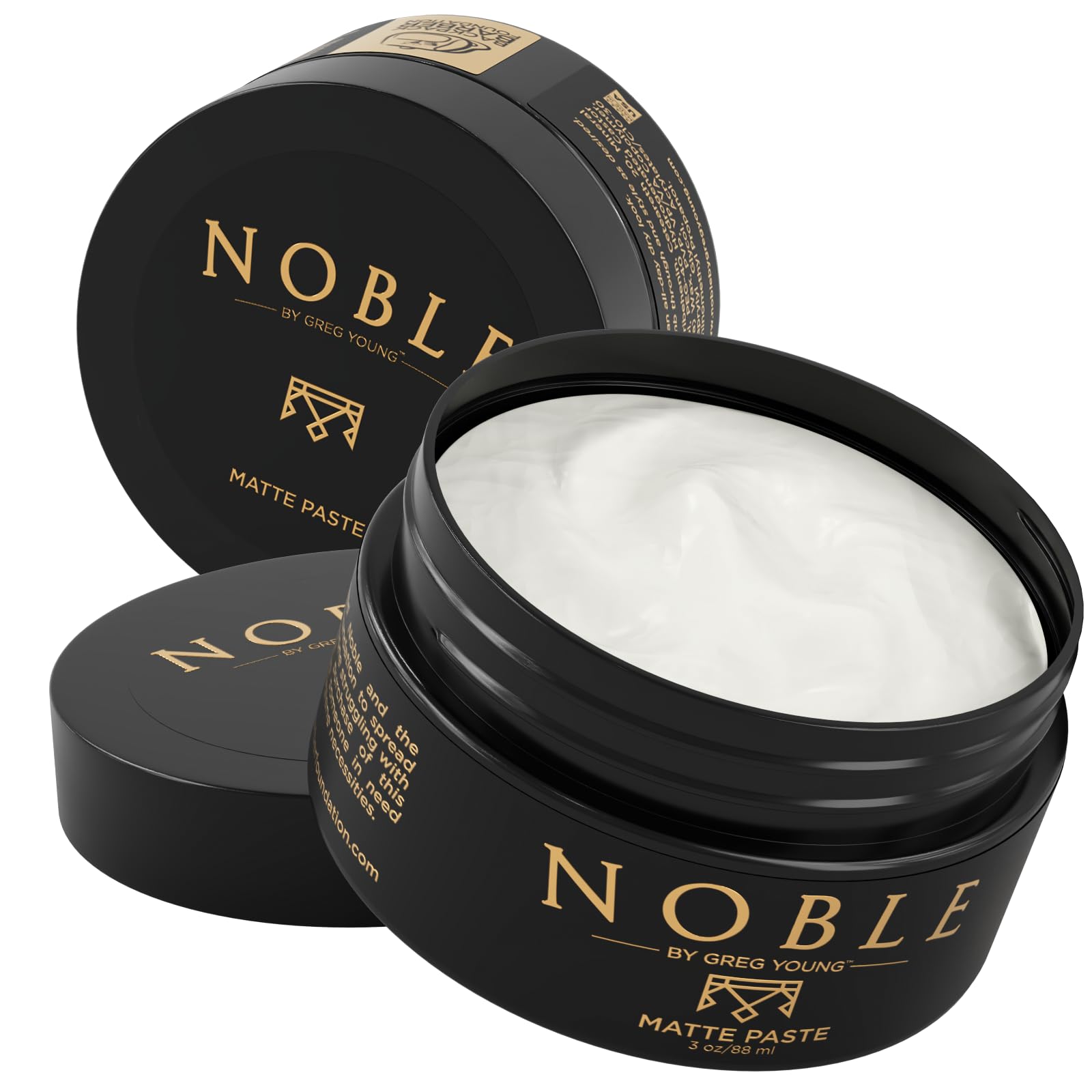 Noble By Greg Young strong hold matte hair paste jar shows firm hold and easy washout