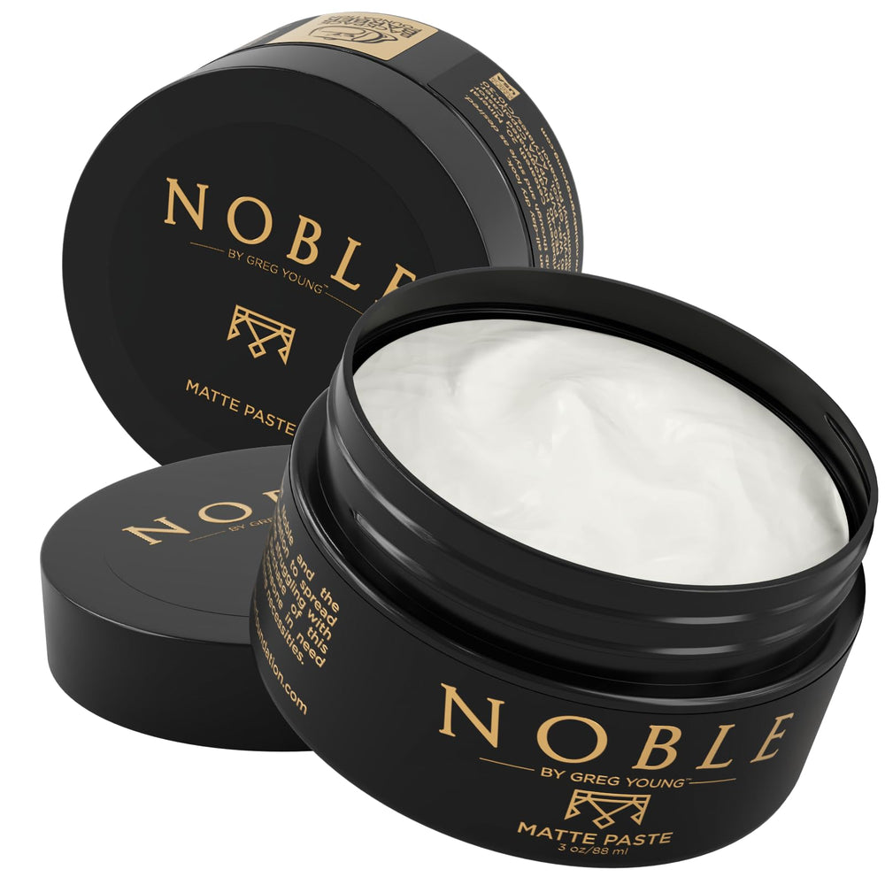 Noble By Greg Young strong hold matte hair paste jar shows firm hold and easy washout