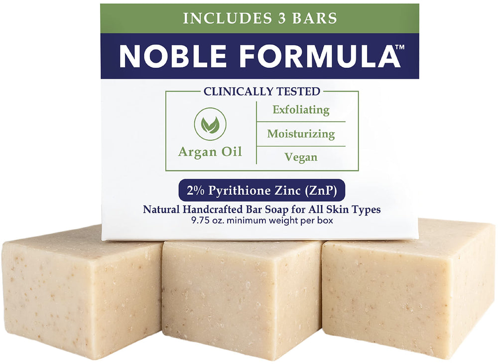 Noble Formula 2% ZnP bar soap with olive oil and argan oils for daily cleansing.