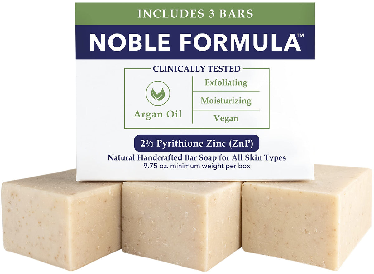 Noble Formula 2% ZnP bar soap with olive oil and argan oils for daily cleansing.