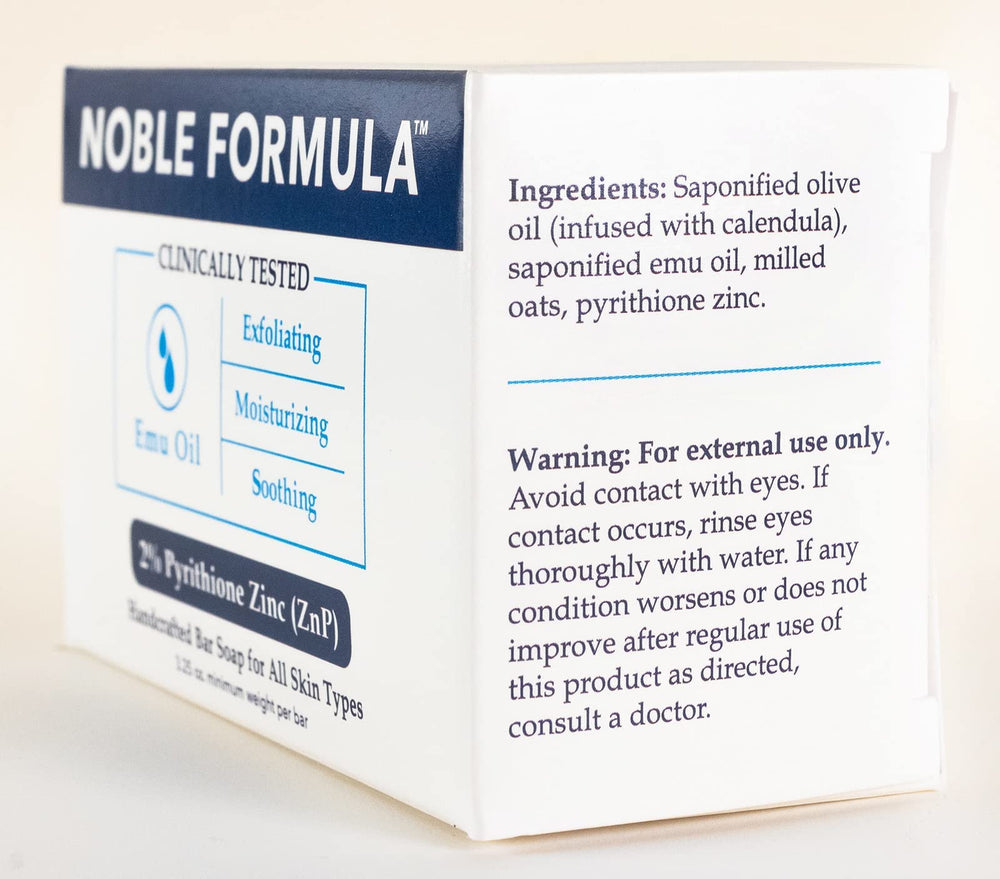 Noble Formula emu oil bar soap texture emphasizes deep moisture for sensitive skin.