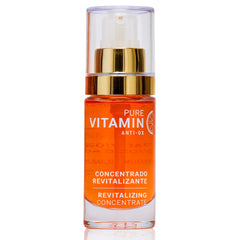 Noche Y Dia Vitamin C Serum bottle closeup shows oil-based hydration for mature skin.
