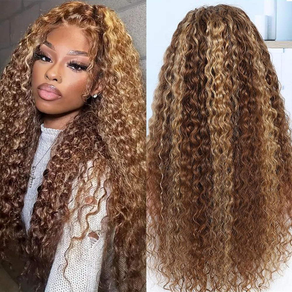NOELLA honey blonde ombre lace front wig 30in water-wave close-up shows natural movement.