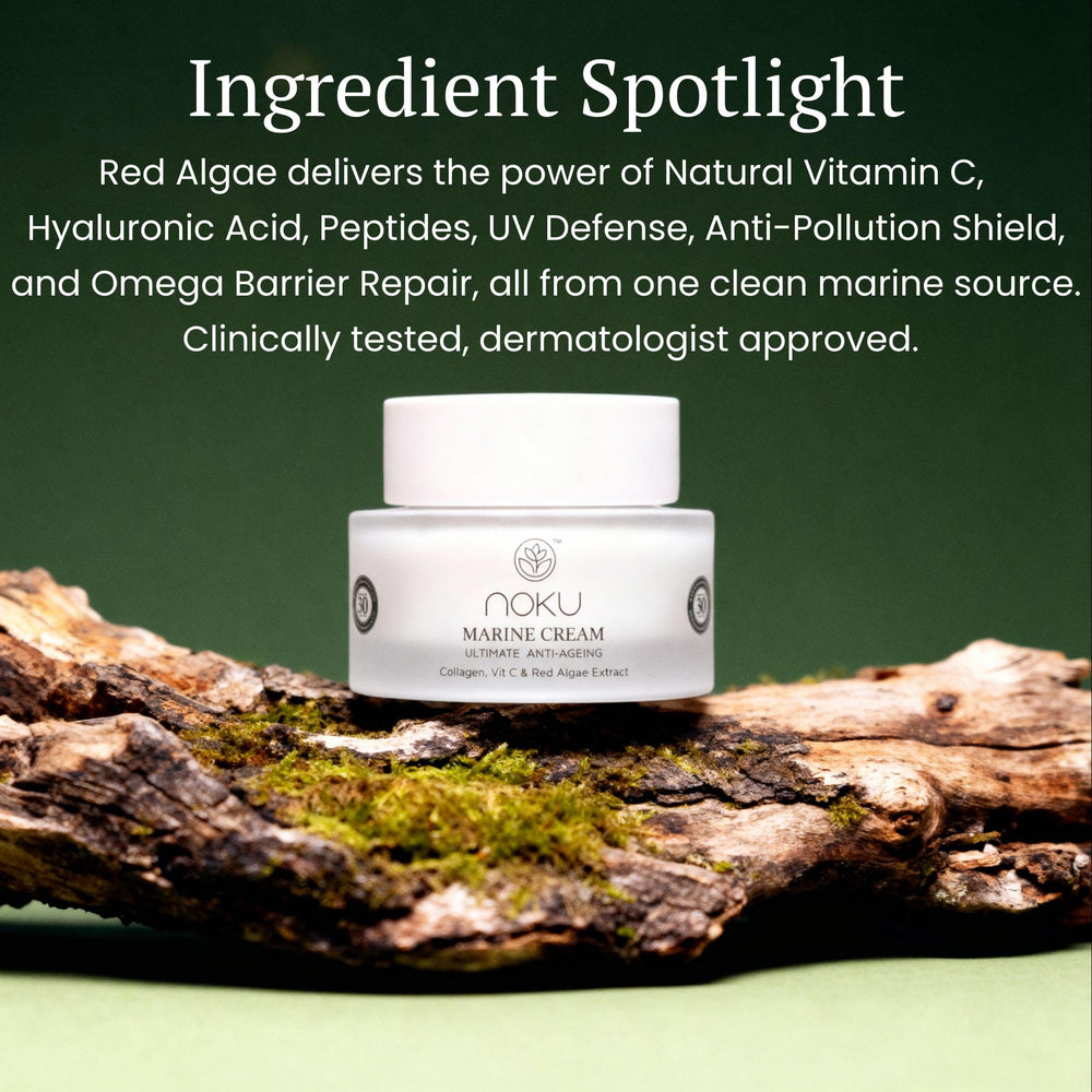 Noku Marine Cream featuring red algae power for youthful elasticity.