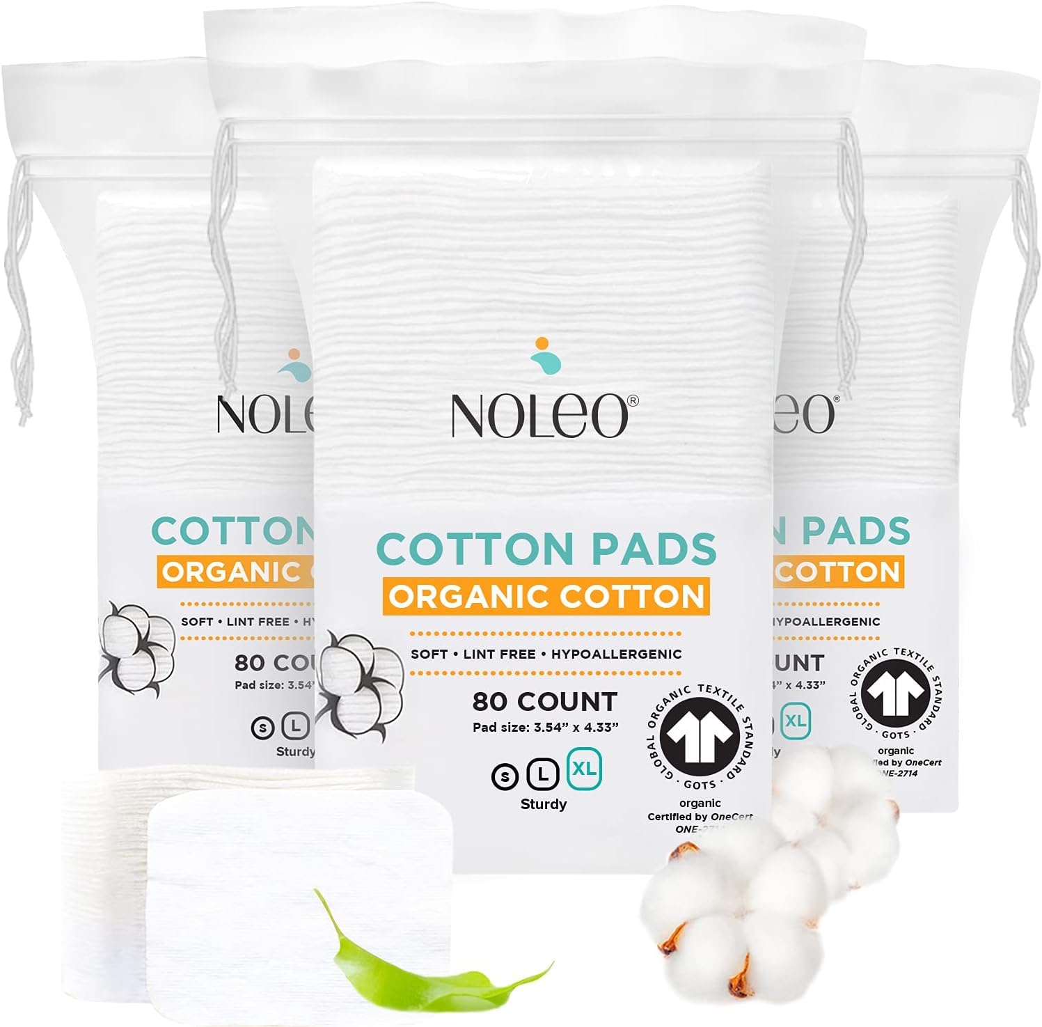 NOLEO cotton rounds extra-large pressed for gentle facial cleansing and makeup removal