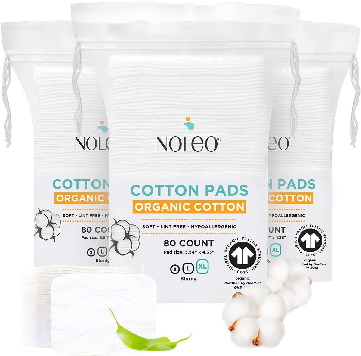 NOLEO cotton rounds extra-large pressed for gentle facial cleansing and makeup removal