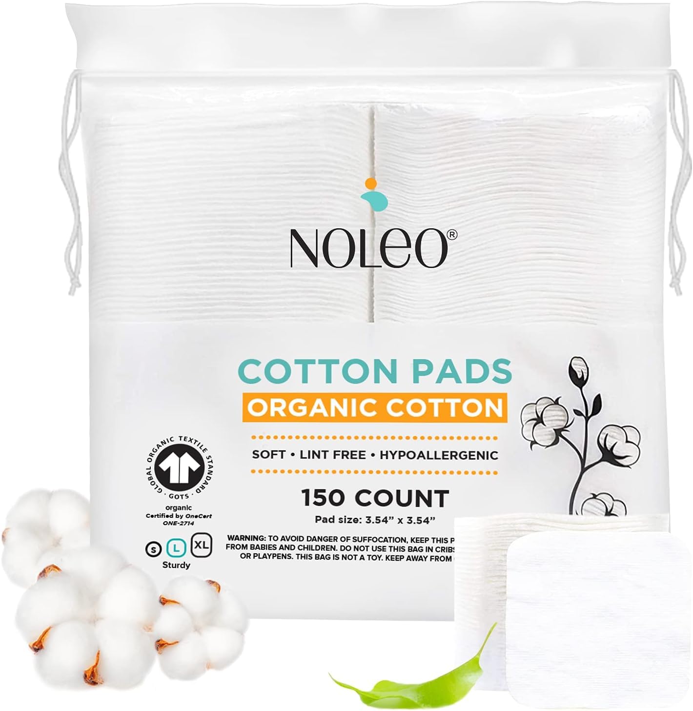 NOLEO cotton rounds large pack close-up—soft texture for gentle cleansing