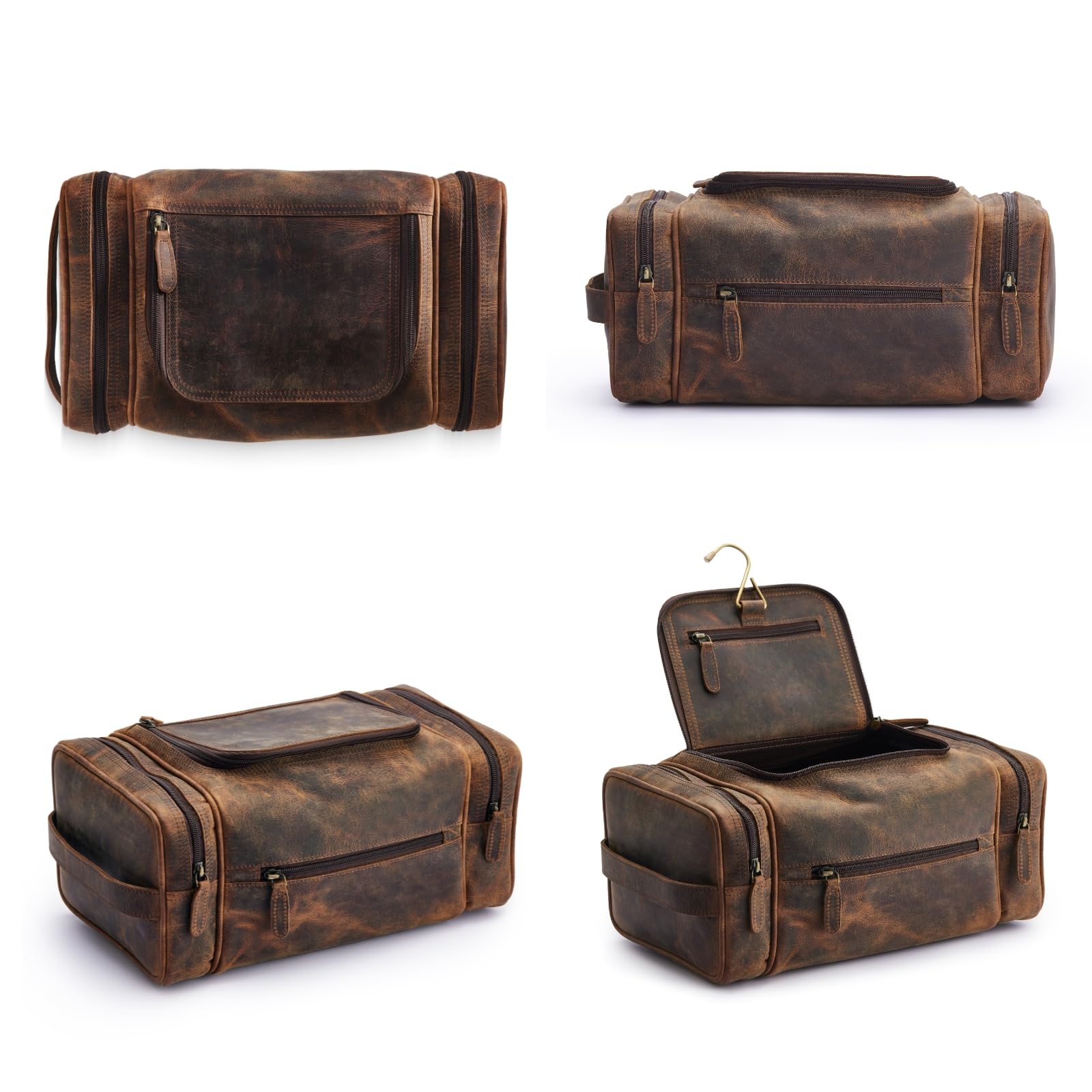 NomadCraftsCo leather toiletry bag with solid brass hook for easy hanging.