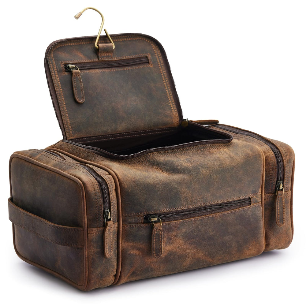 NomadCraftsCo extra large leather toiletry bag exterior in buffalo leather for durable travel style.