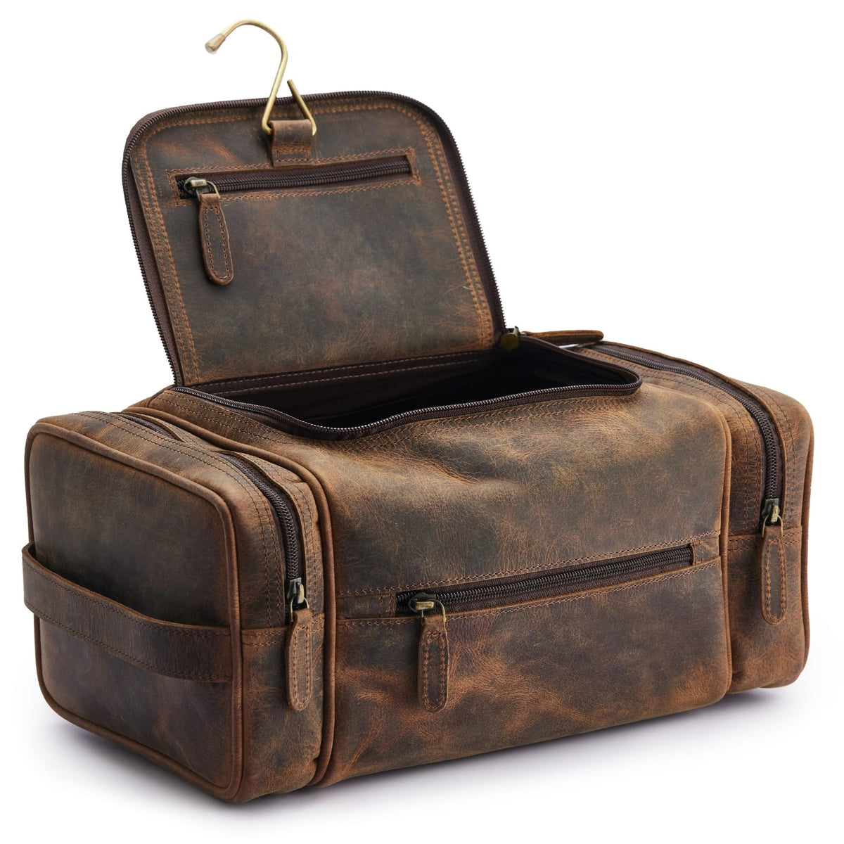 NomadCraftsCo extra large leather toiletry bag exterior in buffalo leather for durable travel style.