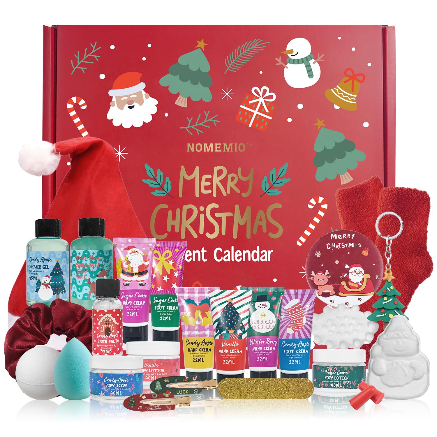 Nomemio Beauty Advent Calendar 2025 front box—gift-ready packaging for holiday pampering.