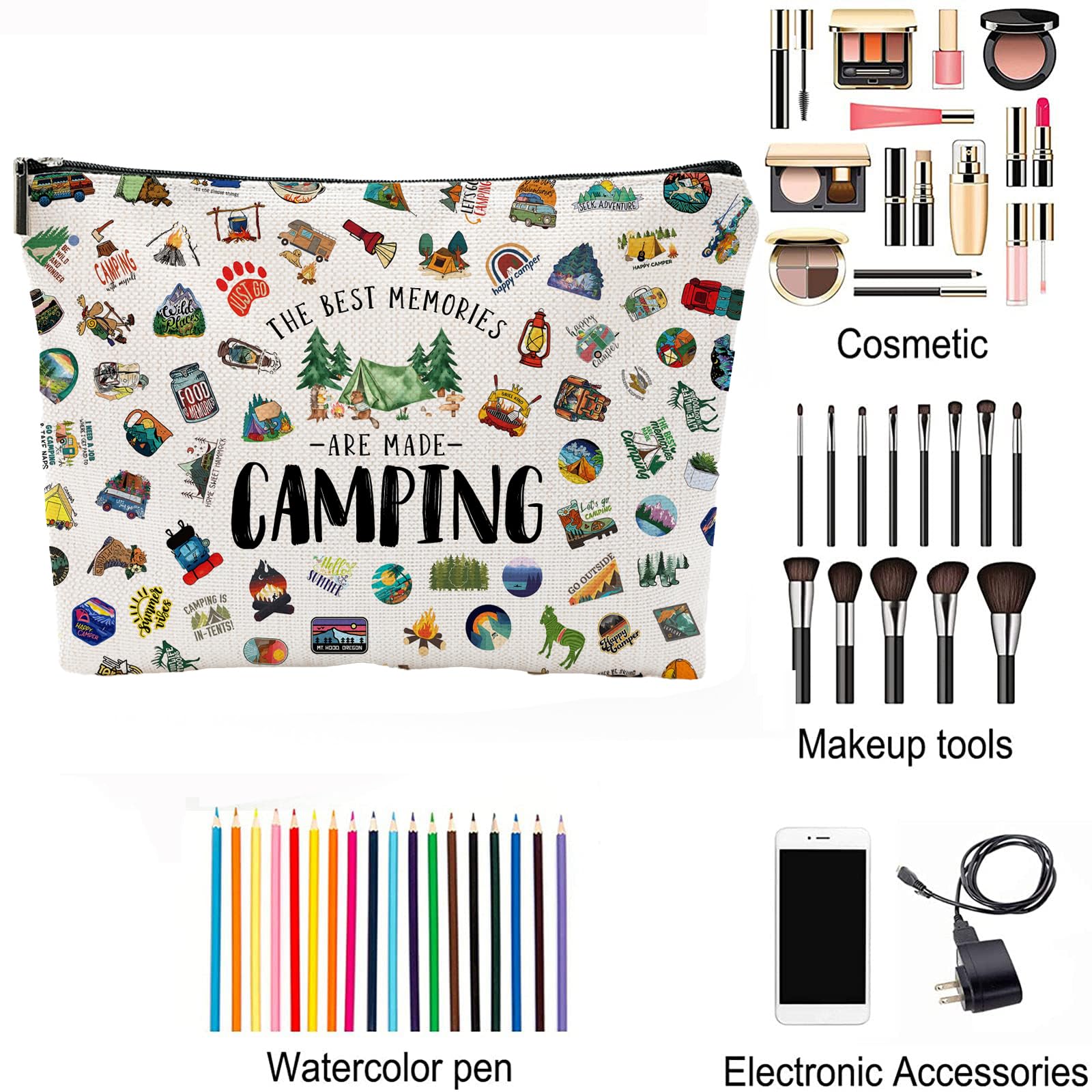 NONETH camping makeup bag beige camping pattern suits RV life and lightweight storage.