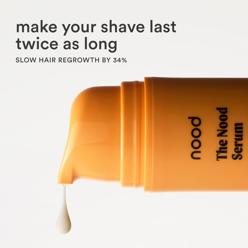 Nood Serum exfoliating action shown with visible skin brightness after first use.