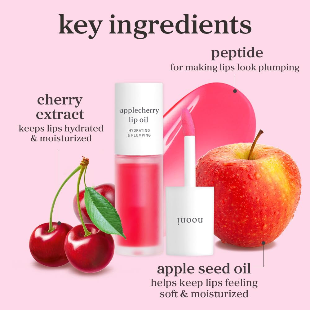 NOONI Applecherry lip oil on tabletop catching light with gloss.