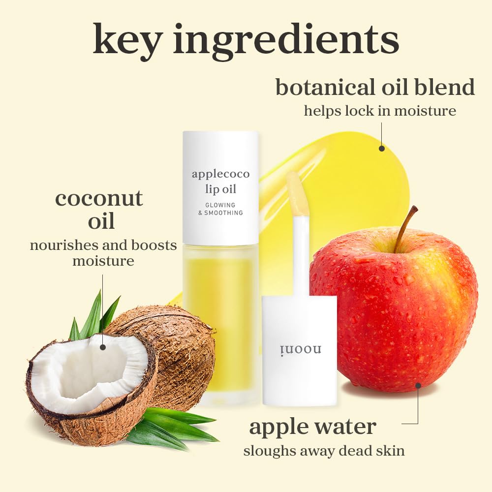 Nooni Applecoco lip oil texture shot showcases lightweight, non-greasy feel.