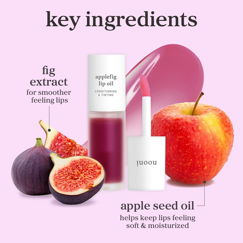 NOONI Applefig lip oil features fig extract for smooth, kissable lips.
