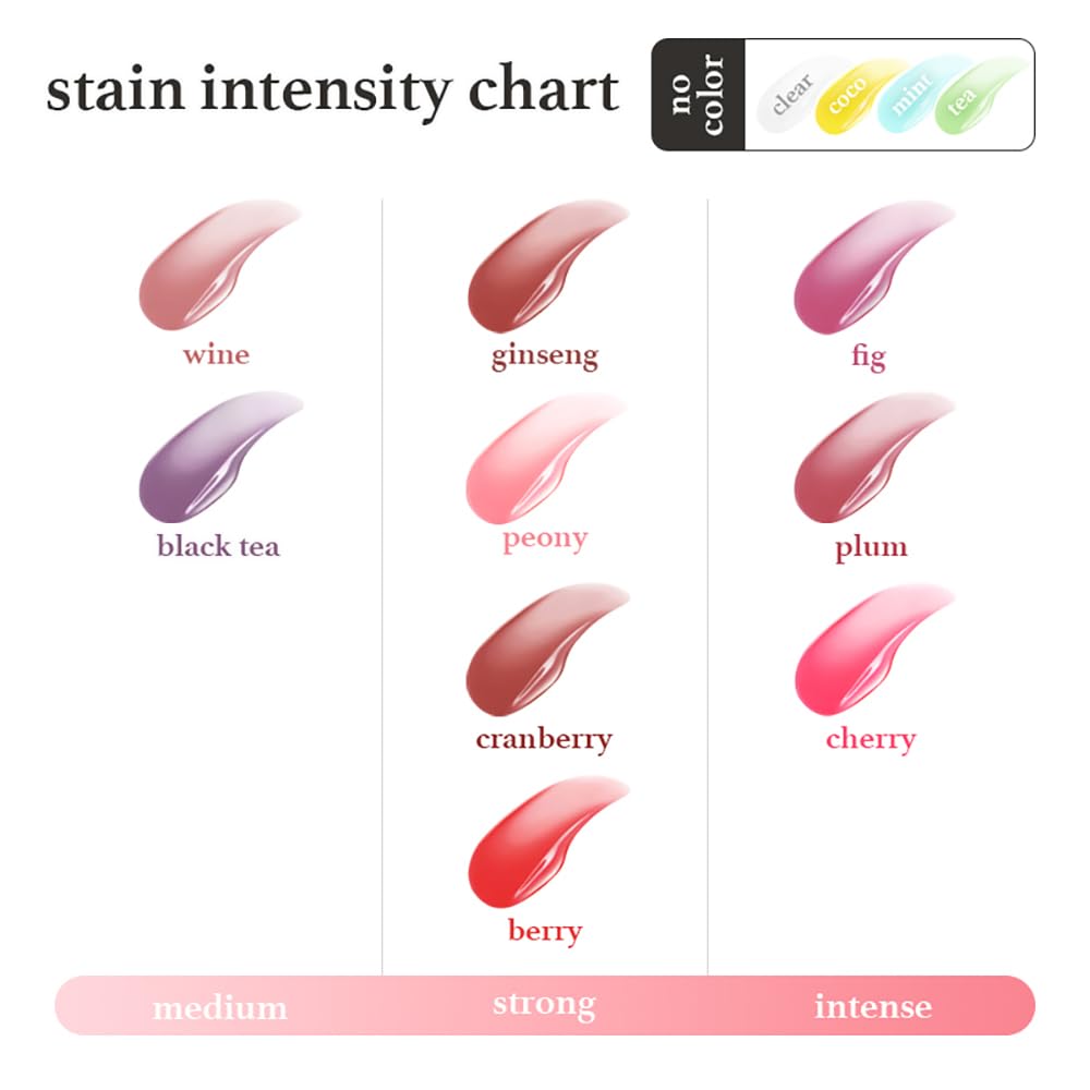 NOONI Applefig lip oil swatches display 13 shades for rosy to natural tones.