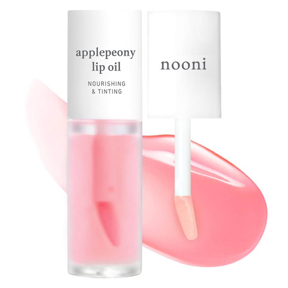NOONI Applepeony Lip Oil shows a glossy finish for long-lasting hydration on lips