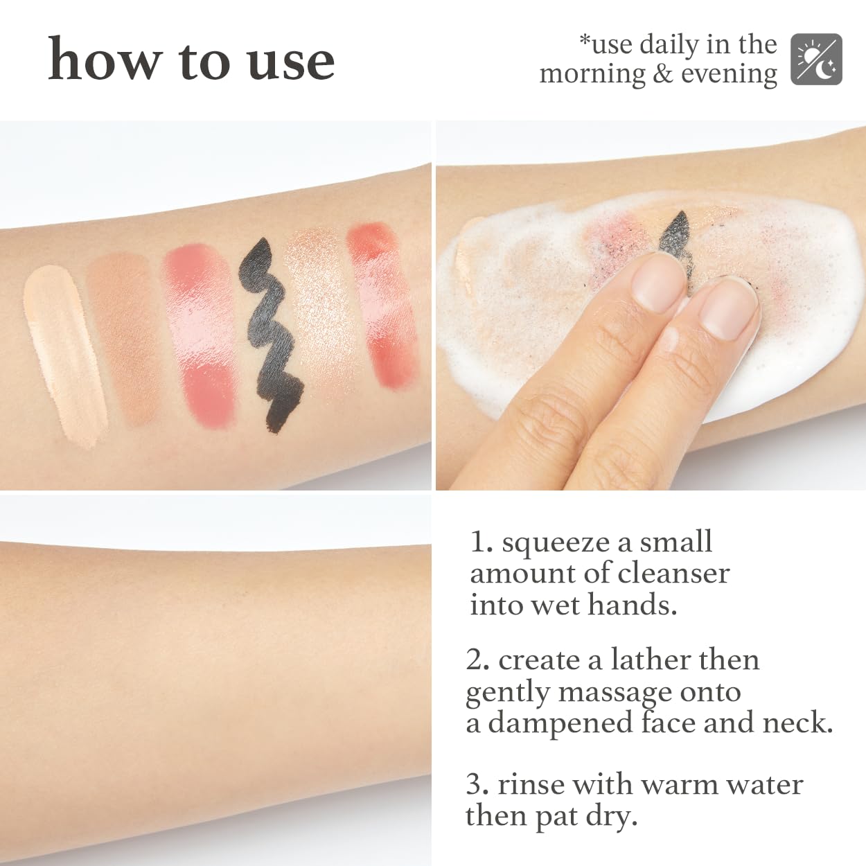 NOONI face cleanser demonstrating soft lather on fingertips for application.