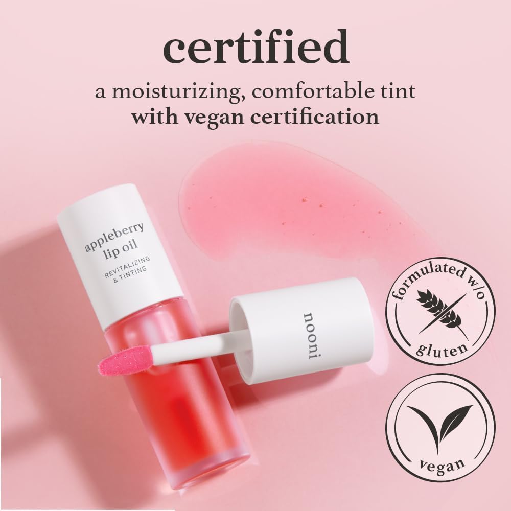 NOONI Appleberry lip oil in glossy shine provides long-lasting moisture.