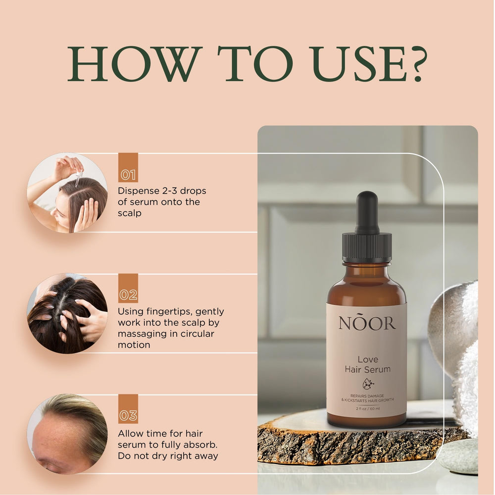 NOOR HAIR Growth Serum before-after visuals indicating growth potential