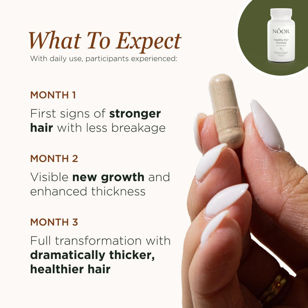 NOOR HAIR ingredients close-up highlighting Biotin, Vitamin C, and zinc
