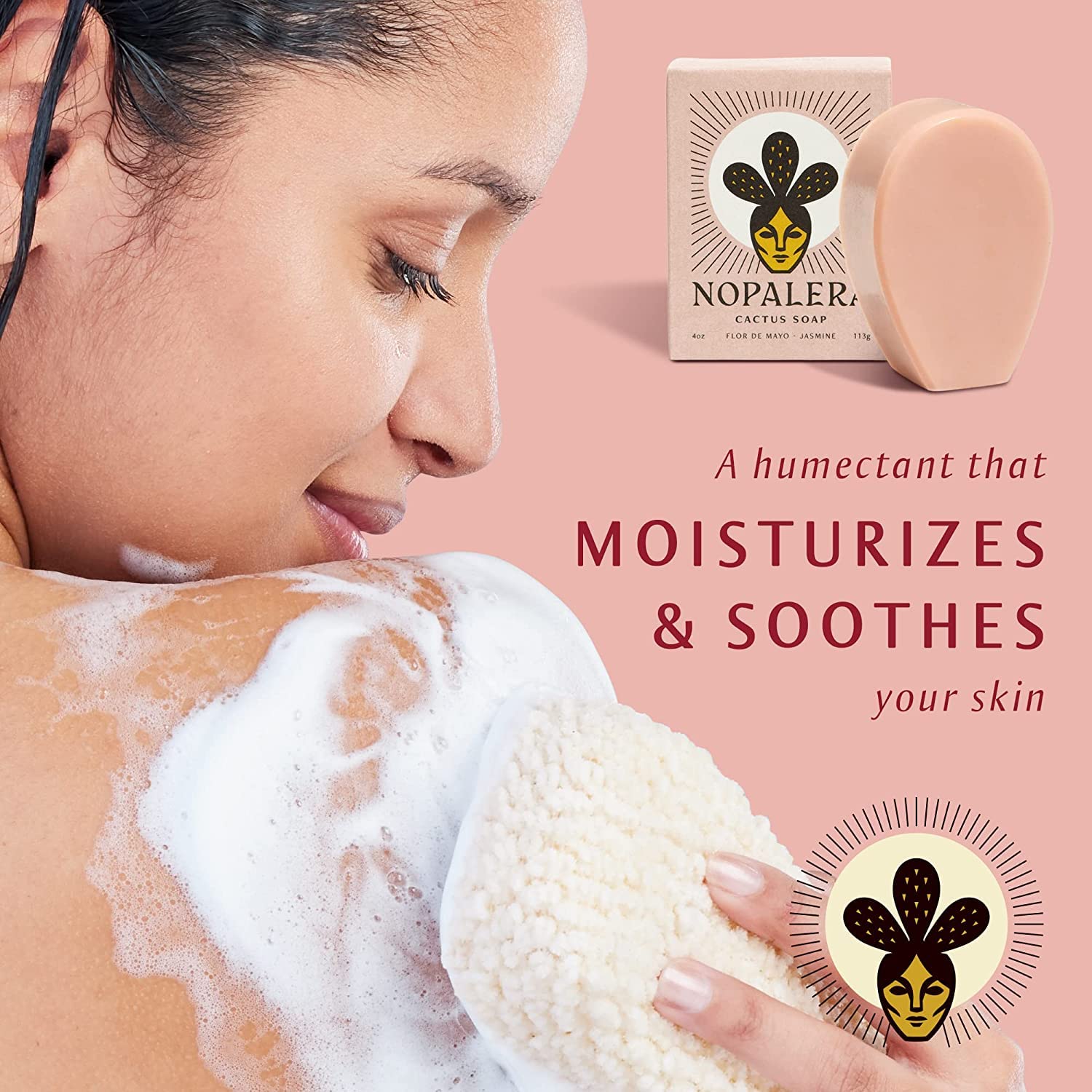 Nopalera Jasmine Bar Soap with oil drops highlighting mood-enhancing fragrance.