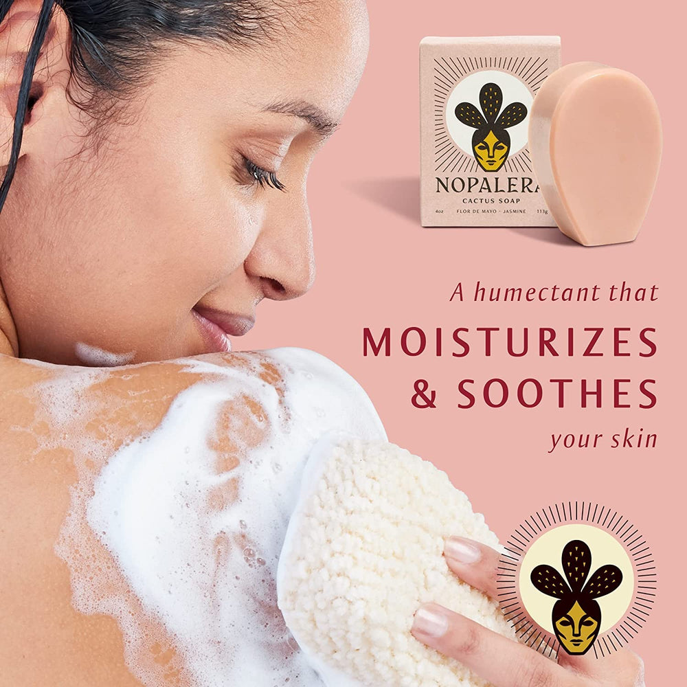 Nopalera Jasmine Bar Soap with oil drops highlighting mood-enhancing fragrance.