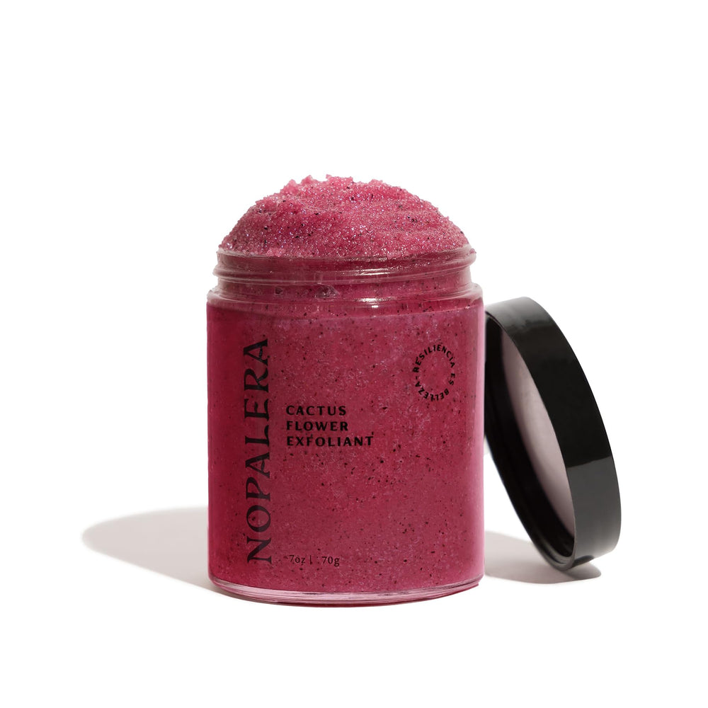 Nopalera Hibiscus Cactus Flower Exfoliant bottle highlighting vegan formula for gentle exfoliation