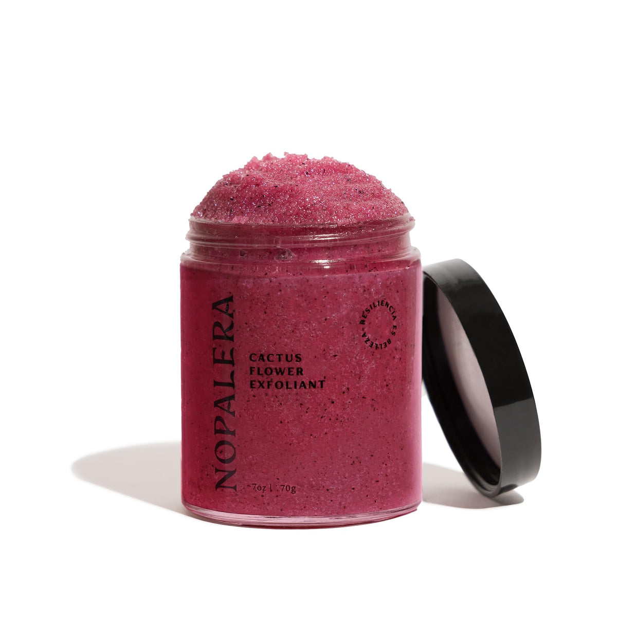 Nopalera Hibiscus Cactus Flower Exfoliant bottle highlighting vegan formula for gentle exfoliation