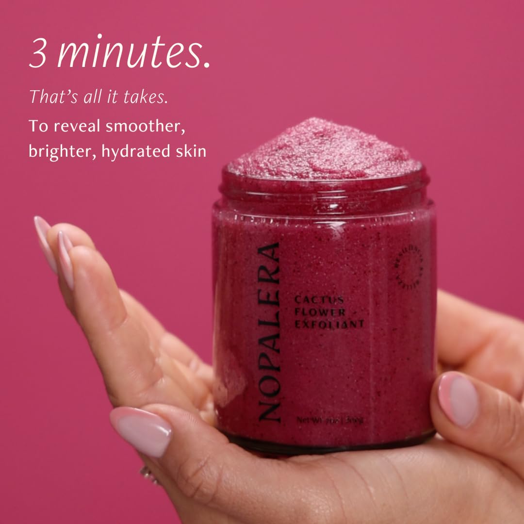Nopalera Hibiscus Cactus Flower Exfoliant jar cap focuses on travel-friendly 6 oz size for on-the-go care