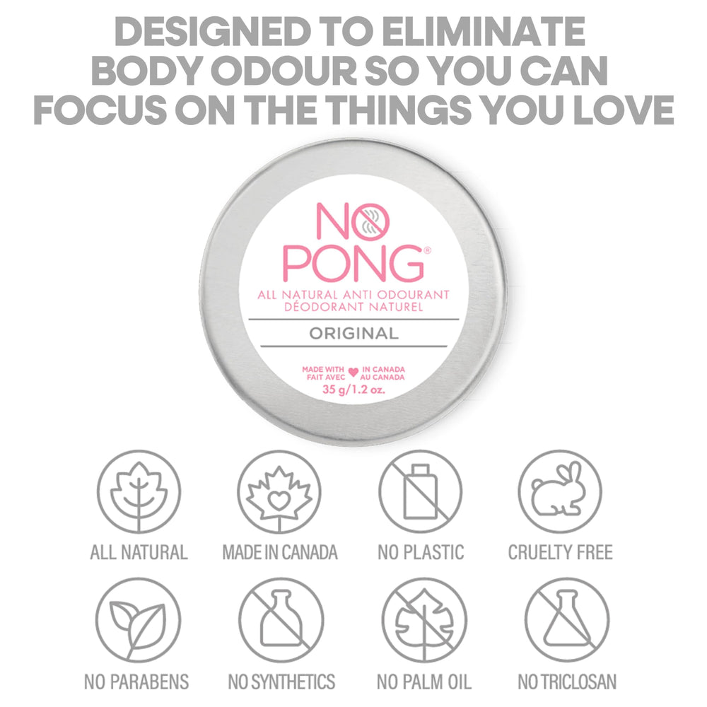 NO PONG original deodorant eco-friendly-packaging-view highlights recyclable tinplate packaging.