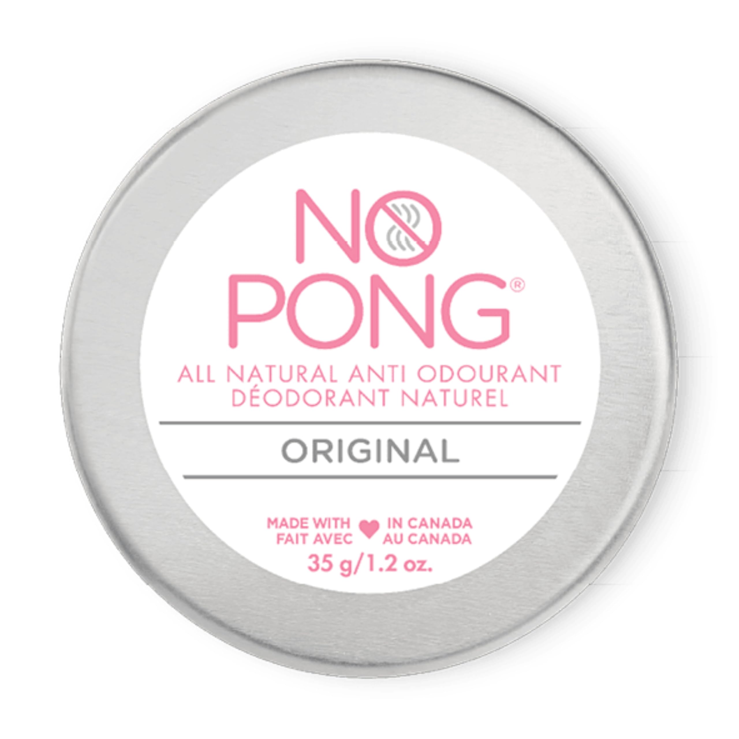 NO PONG original deodorant tin-front highlights plastic-free packaging and all-day odor control.