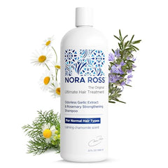 Nora Ross garlic extract hair-strengthening shampoo bottle suggests thicker, healthier-looking hair.