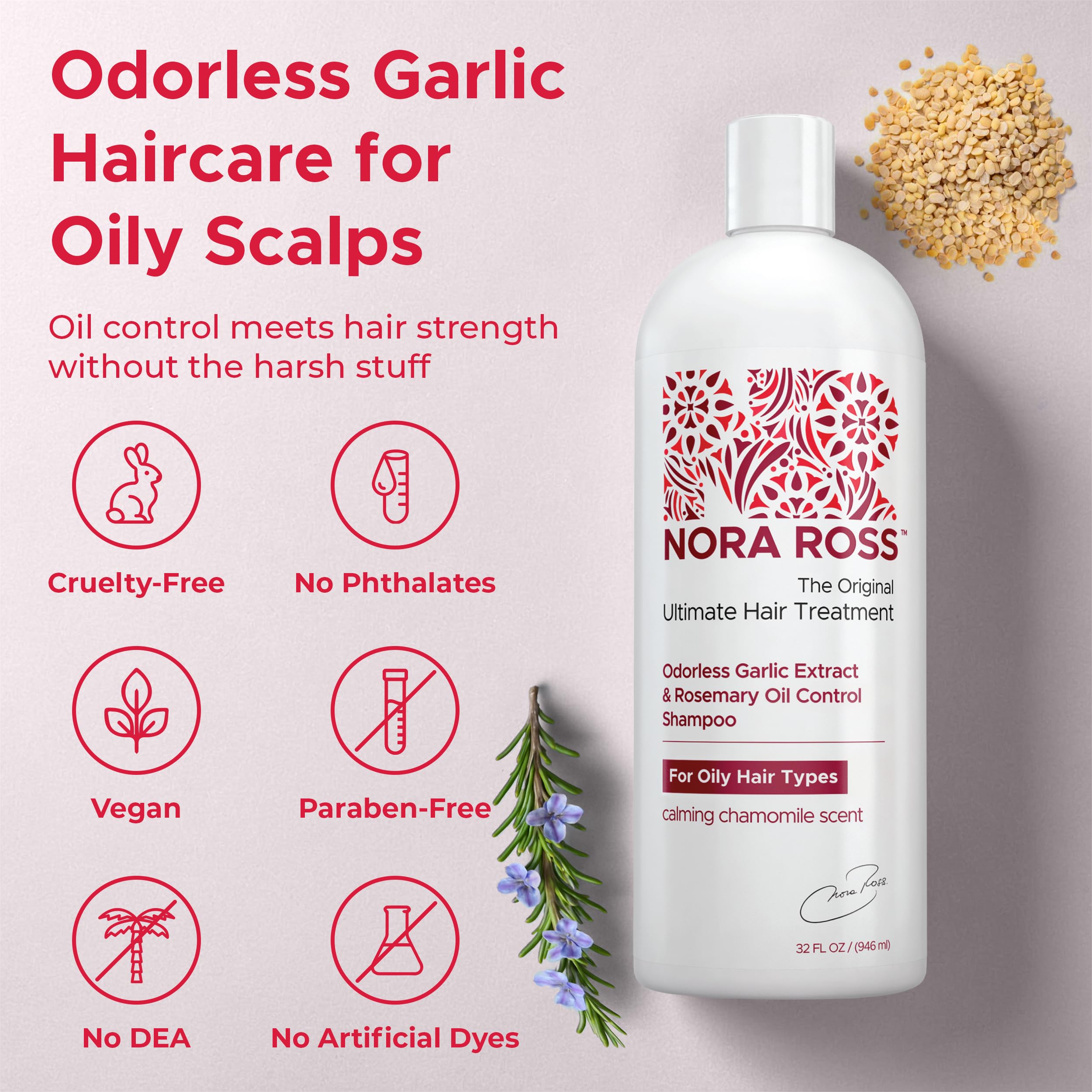 Nora Ross Garlic Extract Oil Control Shampoo with rosemary highlights scalp circulation benefits