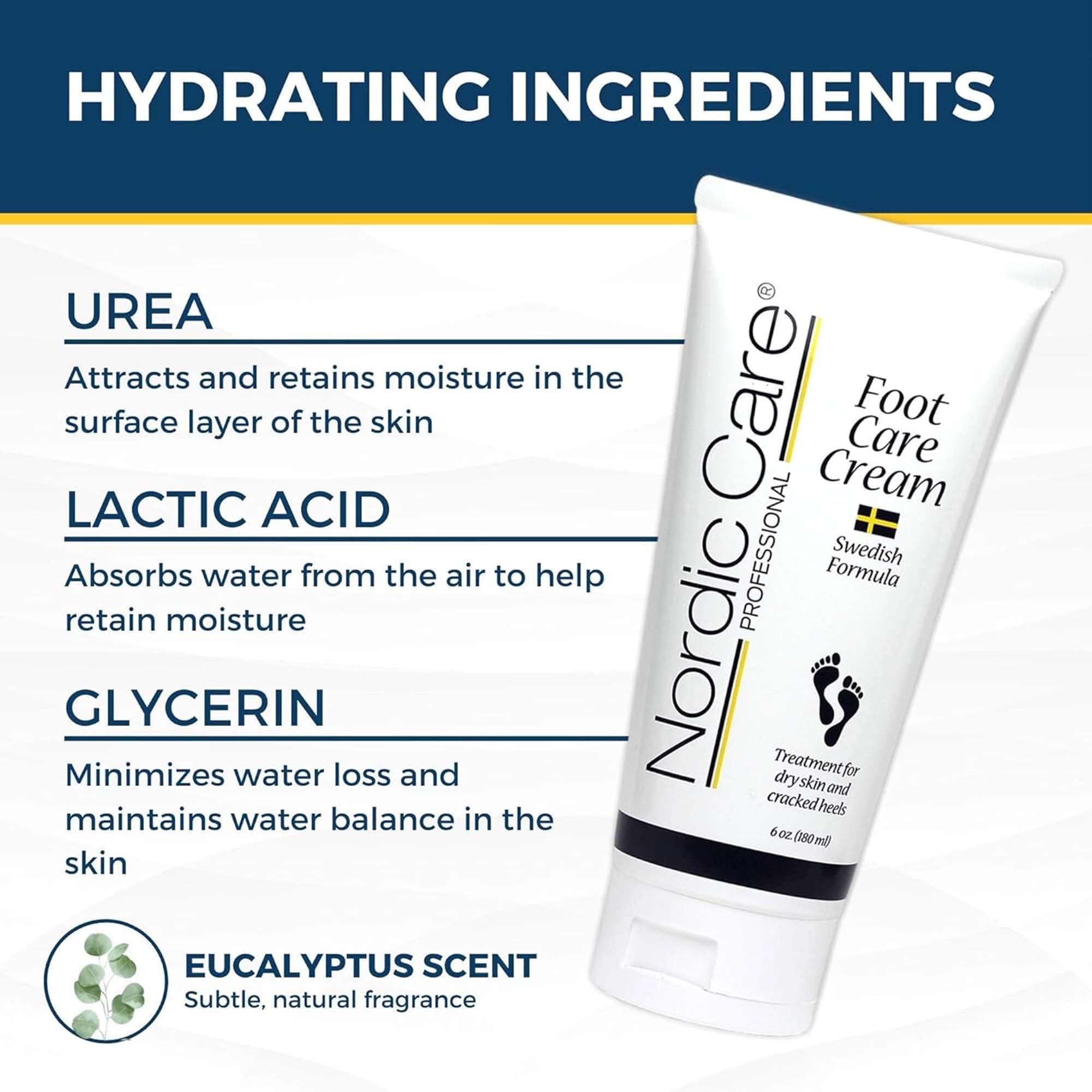 Nordic Care Foot Care Cream nourishes with urea, glycerin, lactic acid and eucalyptus