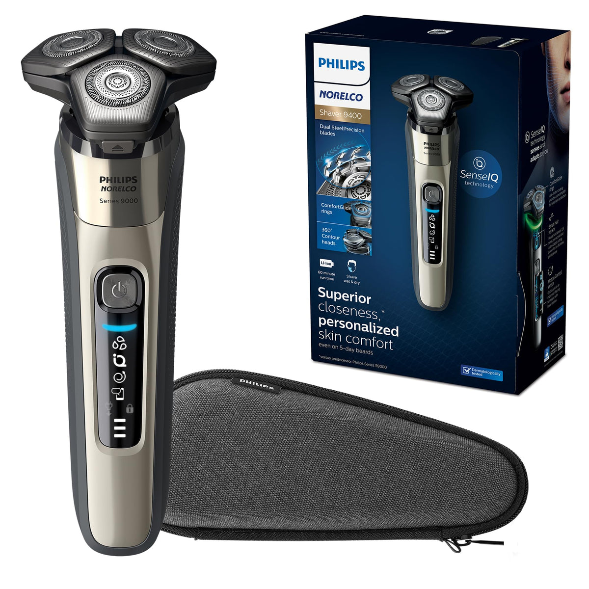 Norelco 9400 shaver ready for dry or wet use for versatile grooming