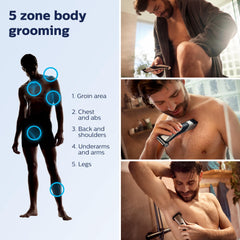 Norelco Bodygroom 7000 ergonomic grip for comfortable control in hard-to-reach areas.