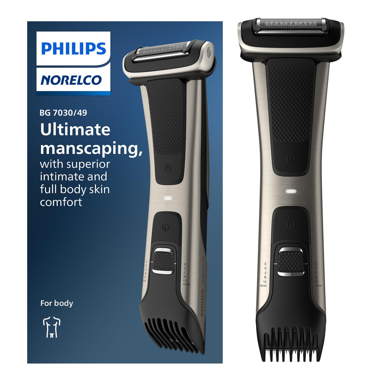Norelco Bodygroom 7000 head close-up showing double grooming heads for versatile trimming and shaving.