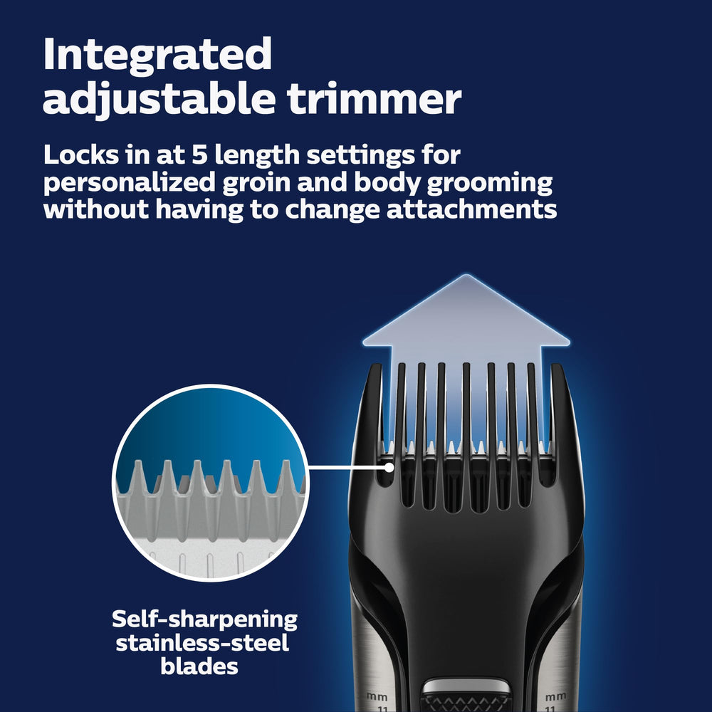 Norelco Bodygroom 7000 in-shower use highlights waterproof design for versatile routines.