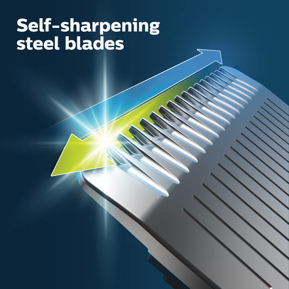 Norelco Multigroom 9000 precision trimming guard shows 0.2 mm steps for exact length.