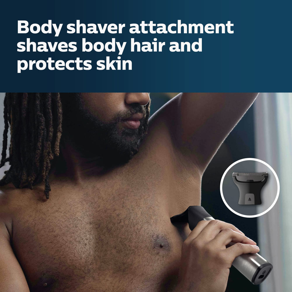 Norelco Multigroom 9000 Smart BeardSense panel highlighting adaptive power for dense beards.