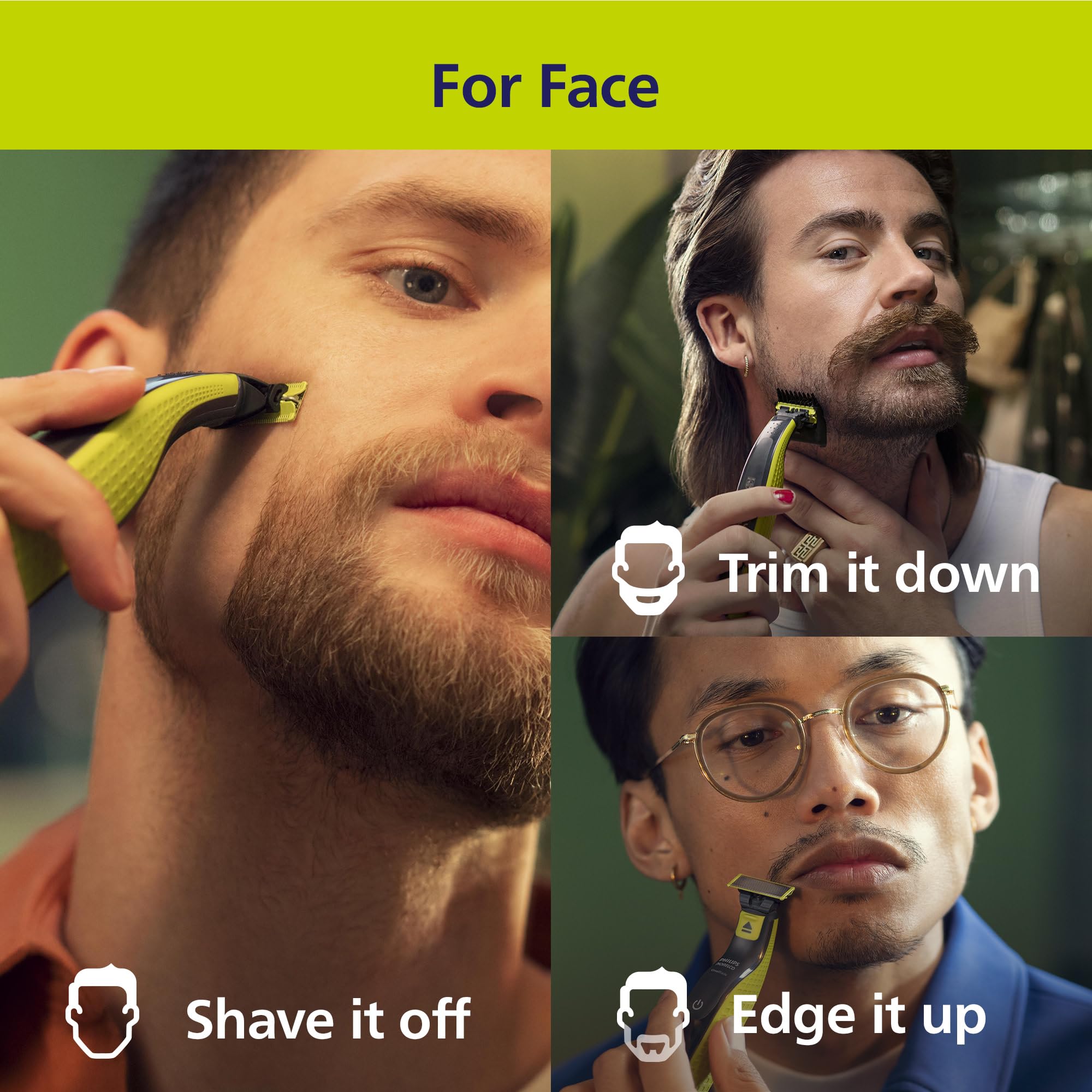 Norelco OneBlade 360 blade showing flexible cutting for skin friendly shaves