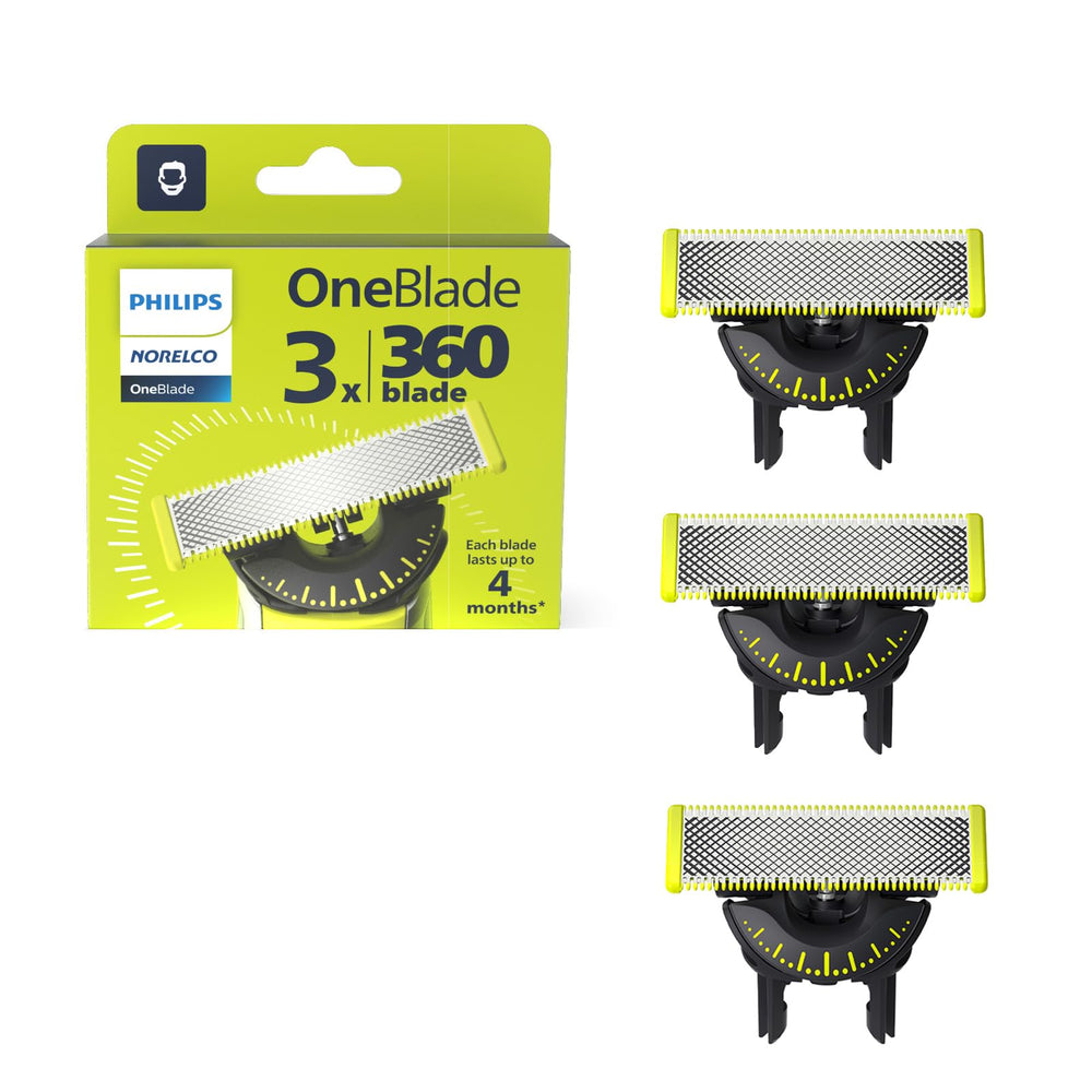 Norelco OneBlade 360 front packaging showing three replacement blades and year supply benefit
