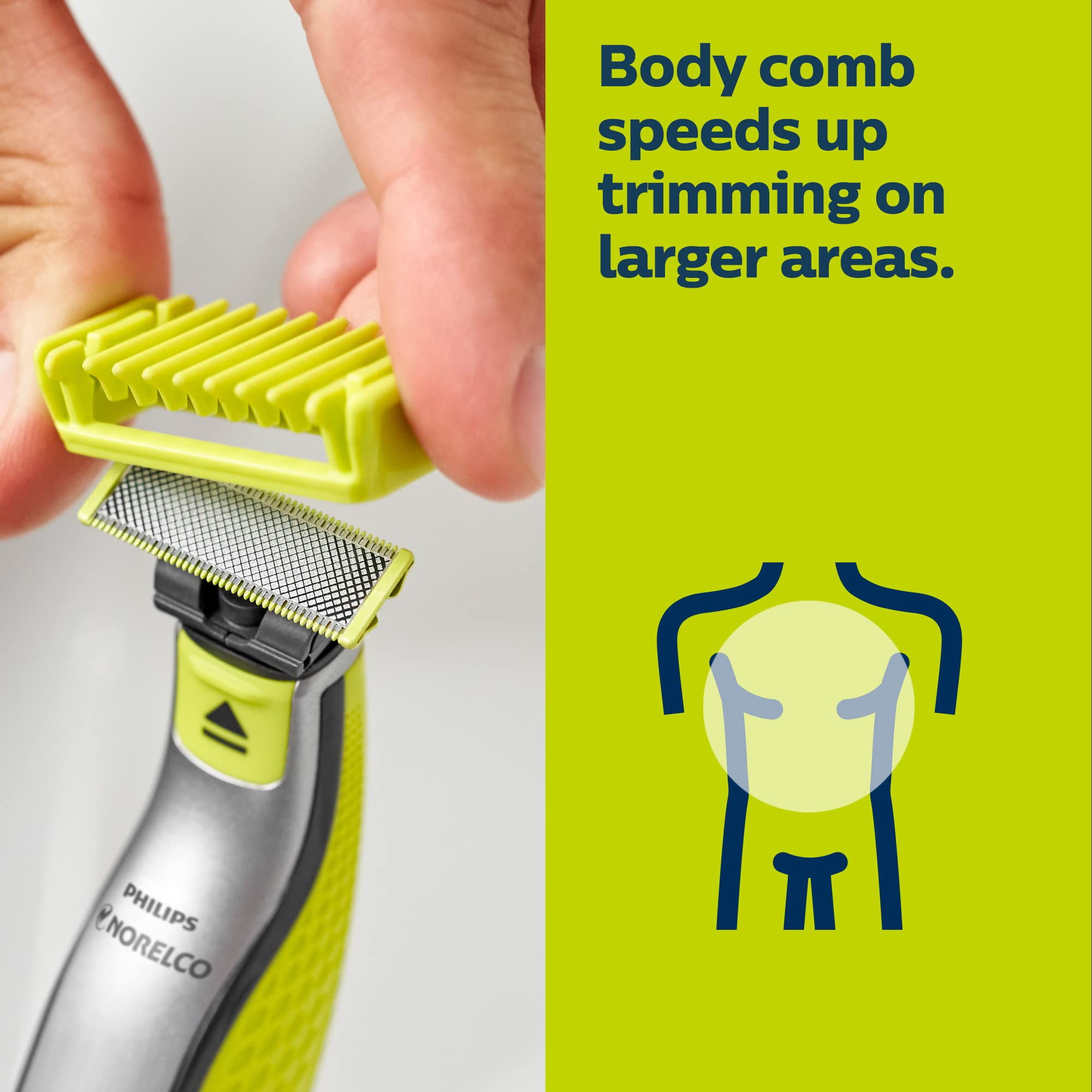 Norelco OneBlade body comb for consistent body shaping.