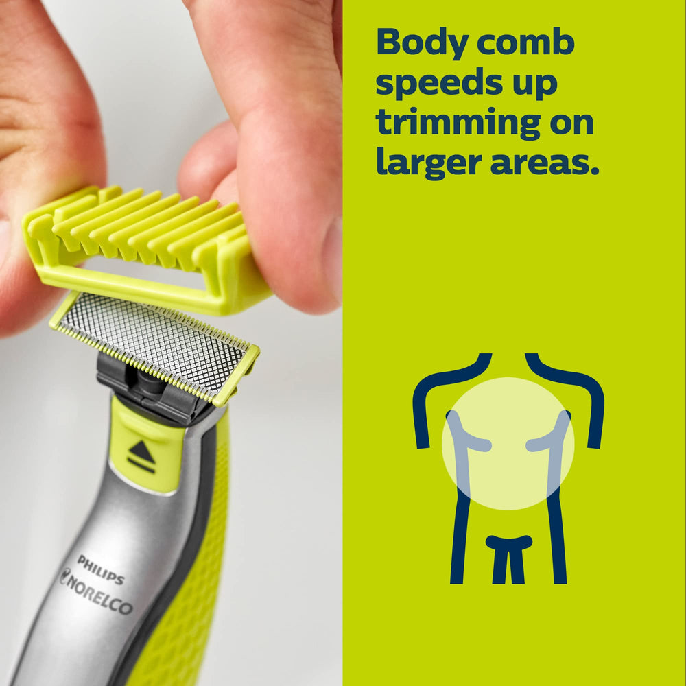 Norelco OneBlade body comb for consistent body shaping.