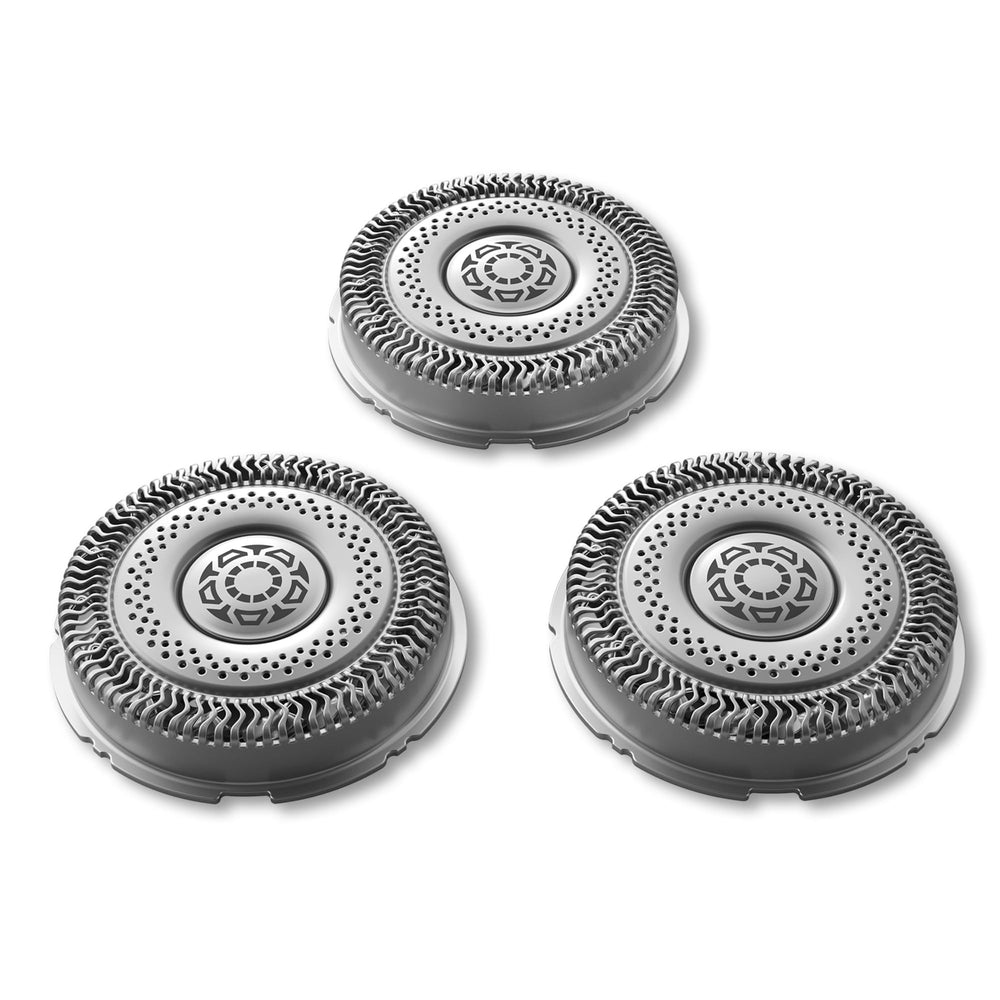 Norelco shaving heads three-pack shown for convenient replacement and restored performance