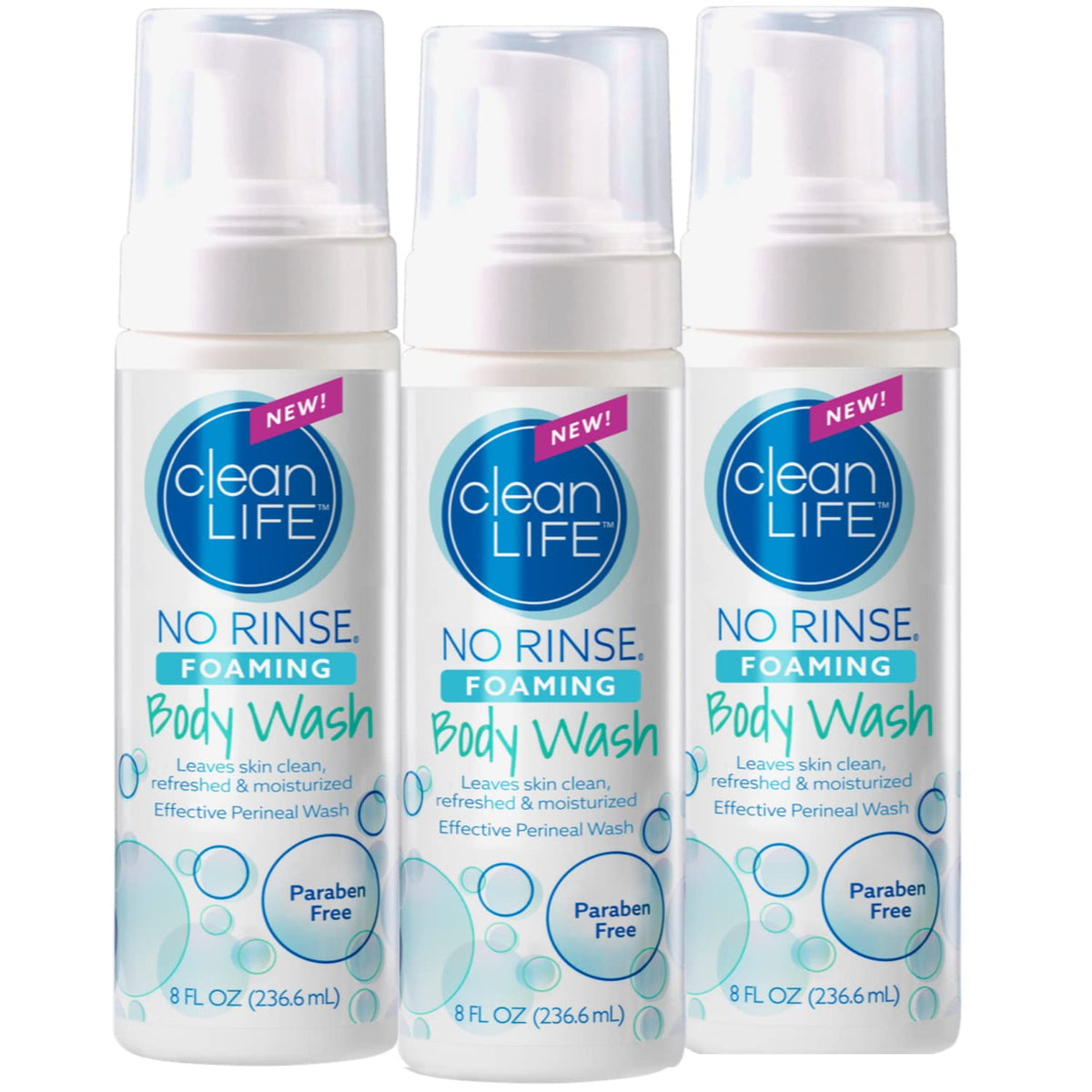 No-Rinse Foaming Body Wash pack of 3 bottles ready for family use and travel.